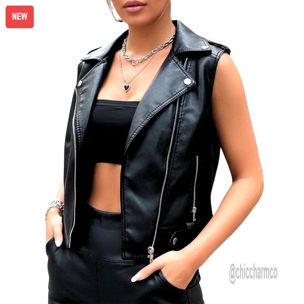 Faux Leather Motorcycle Vest Sleeveless Biker Jacket Zipper Pockets Street Style